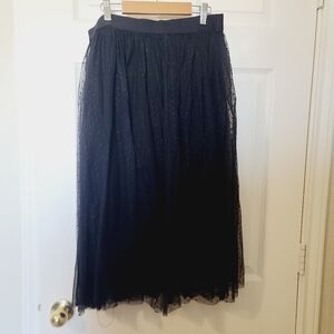 Free People Black Mesh Polka Dot Tulle Puffy Semi Sheer Midi Skirt L